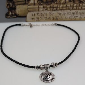 Napier Black and Silver Choker Necklace with Initial L Pendant